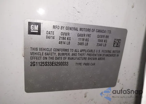 2014 Chevrolet Impala 2Lt z USA, uszkodzony, nr VIN 2G1125S33E9290033